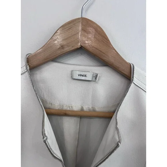 Vince Lamb Leather Zip Collarless Jacket Mix Knit Sleeve Ivory/White Cream Sz 6